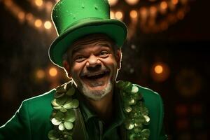 AI generated Portrait of a happy leprechaun with clover leaves. St. Patrick's Day. photo