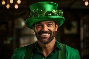 AI generated Portrait of a happy leprechaun with clover leaves. St. Patrick's Day. photo