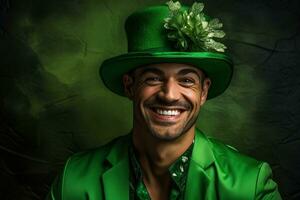 AI generated Portrait of a happy leprechaun with clover leaves. St. Patrick's Day. photo