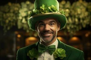 AI generated Portrait of a happy leprechaun with clover leaves. St. Patrick's Day. photo