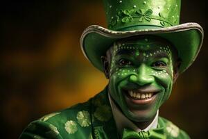 AI generated Portrait of a happy leprechaun with clover leaves. St. Patrick's Day. photo
