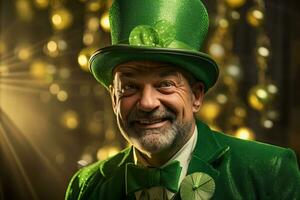 AI generated Portrait of a happy leprechaun with clover leaves. St. Patrick's Day. photo