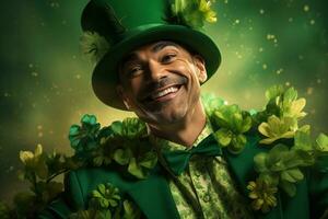 AI generated Portrait of a happy leprechaun with clover leaves. St. Patrick's Day. photo