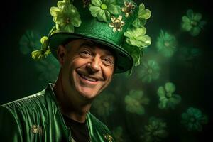 AI generated Portrait of a happy leprechaun with clover leaves. St. Patrick's Day. photo