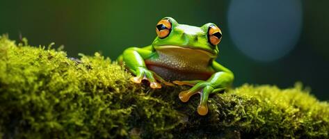 AI generated Green tree frog sitting on moss in the rainforest. Wildlife scene from nature. photo