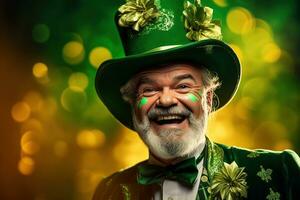 AI generated Portrait of a happy leprechaun with clover leaves. St. Patrick's Day. photo