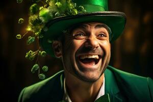 AI generated Portrait of a happy leprechaun with clover leaves. St. Patrick's Day. photo