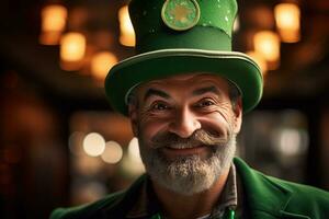 AI generated Portrait of a happy leprechaun with clover leaves. St. Patrick's Day. photo