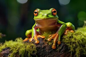 AI generated Green tree frog sitting on moss in the rainforest. Wildlife scene from nature. photo