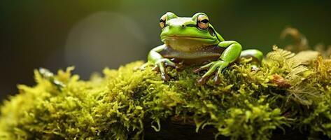 AI generated Green tree frog sitting on moss in the rainforest. Wildlife scene from nature. photo