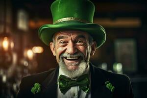 AI generated Portrait of a happy leprechaun with clover leaves. St. Patrick's Day. photo