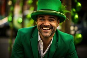 AI generated Portrait of a happy leprechaun with clover leaves. St. Patrick's Day. photo