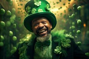 AI generated Portrait of a happy leprechaun with clover leaves. St. Patrick's Day. photo