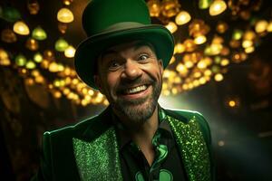 AI generated Portrait of a happy leprechaun with clover leaves. St. Patrick's Day. photo