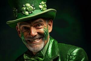 AI generated Portrait of a happy leprechaun with clover leaves. St. Patrick's Day. photo