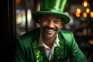 AI generated Portrait of a happy leprechaun with clover leaves. St. Patrick's Day. photo