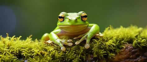 ai generado verde árbol rana sentado en musgo en el selva. fauna silvestre escena desde naturaleza. foto