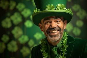 AI generated Portrait of a happy leprechaun with clover leaves. St. Patrick's Day. photo