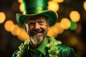 AI generated Portrait of a happy leprechaun with clover leaves. St. Patrick's Day. photo