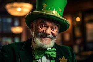 AI generated Portrait of a happy leprechaun with clover leaves. St. Patrick's Day. photo