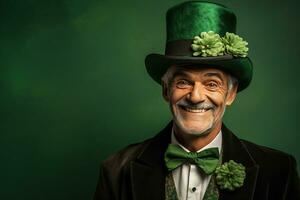 AI generated Portrait of a happy leprechaun with clover leaves. St. Patrick's Day. photo