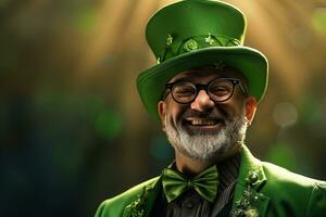 AI generated Portrait of a happy leprechaun with clover leaves. St. Patrick's Day. photo