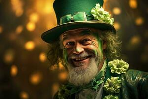 AI generated Portrait of a happy leprechaun with clover leaves. St. Patrick's Day. photo