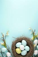AI generated Easter eggs in a nest on a blue background photo
