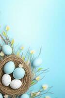 AI generated Easter eggs in a nest on a blue background photo