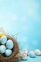 AI generated Easter eggs in a nest on a blue background photo