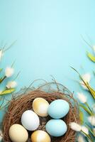 AI generated Easter eggs in a nest on a blue background photo