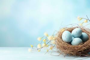 AI generated Easter eggs in a nest on a blue background photo