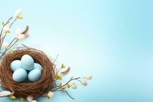 AI generated Easter eggs in a nest on a blue background photo