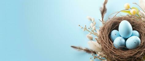 AI generated Easter eggs in a nest on a blue background photo