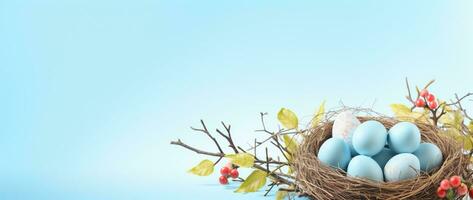 AI generated Easter eggs in a nest on a blue background photo