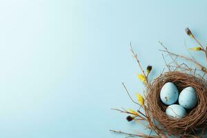 AI generated Easter eggs in a nest on a blue background photo