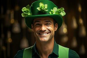 AI generated Portrait of a happy leprechaun with clover leaves. St. Patrick's Day. photo