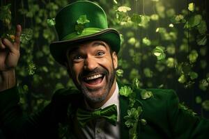 AI generated Portrait of a happy leprechaun with clover leaves. St. Patrick's Day. photo