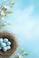 AI generated Easter eggs in a nest on a blue background photo