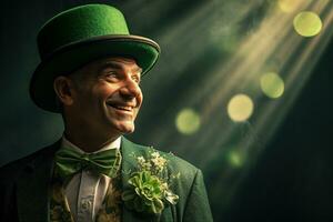 AI generated Portrait of a happy leprechaun with clover leaves. St. Patrick's Day. photo