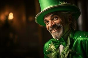 AI generated Portrait of a happy leprechaun with clover leaves. St. Patrick's Day. photo