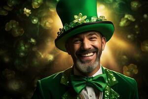 AI generated Portrait of a happy leprechaun with clover leaves. St. Patrick's Day. photo