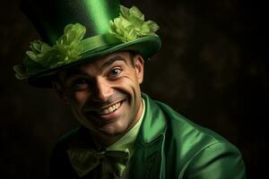 AI generated Portrait of a happy leprechaun with clover leaves. St. Patrick's Day. photo