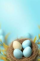AI generated Easter eggs in a nest on a blue background photo