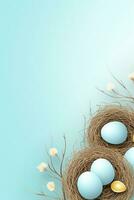 AI generated Easter eggs in a nest on a blue background photo