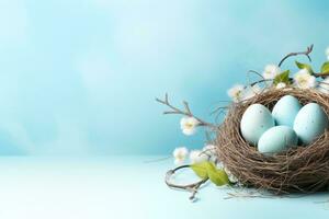 AI generated Easter eggs in a nest on a blue background photo