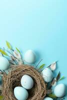 AI generated Easter eggs in a nest on a blue background photo