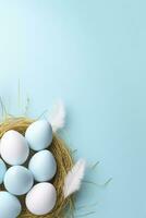 AI generated Easter eggs in a nest on a blue background photo