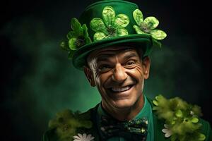 AI generated Portrait of a happy leprechaun with clover leaves. St. Patrick's Day. photo