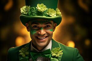 AI generated Portrait of a happy leprechaun with clover leaves. St. Patrick's Day. photo